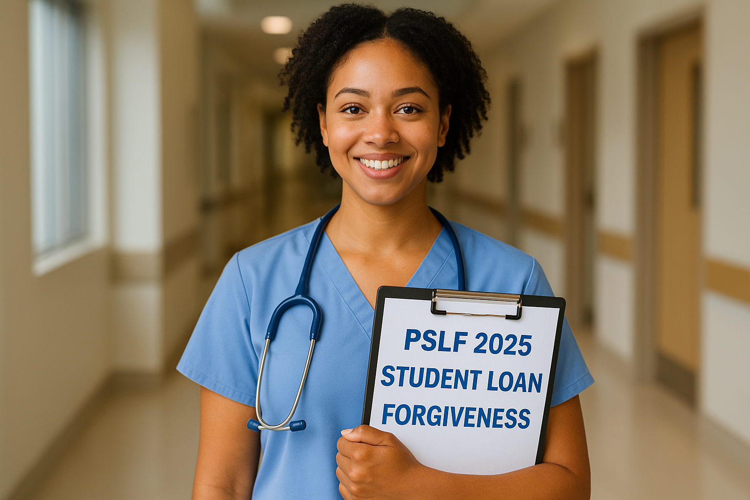 healthcare worker holding PSLF 2025 student loan forgiveness form
